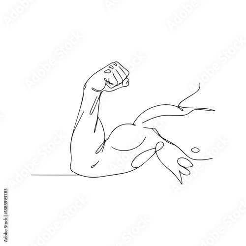 Continuous line drawing of strong arm flexing bicep muscle. Minimalist vector illustration of bodybuilder power, gym fitness, and workout strength concept.

