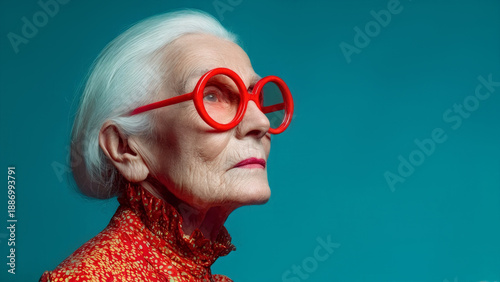 Stylish elderly woman in red glasses on a blue background.