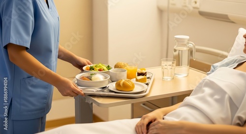 A nurse in blue scrubs serves a meal tray to a patient in a hospital bed.