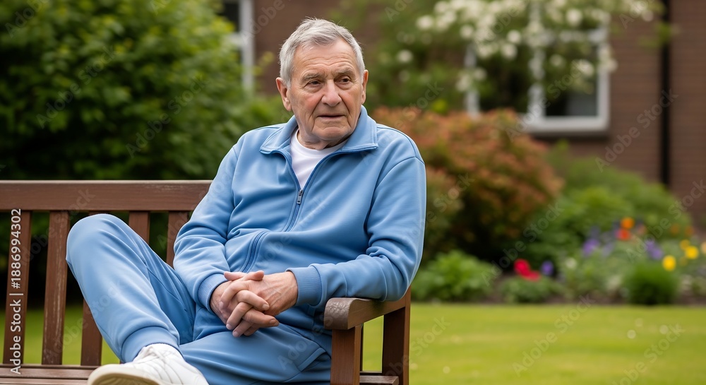 Obraz premium An elderly man in a blue tracksuit sits on a park bench outdoors, looking thoughtfully into the distance.