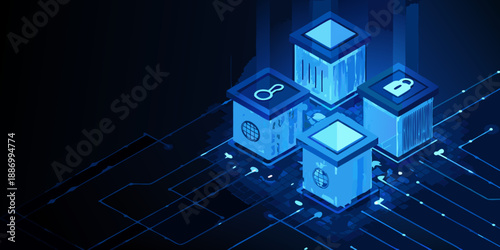 Cybersecurity infrastructure with digital blocks and network connections for data protection