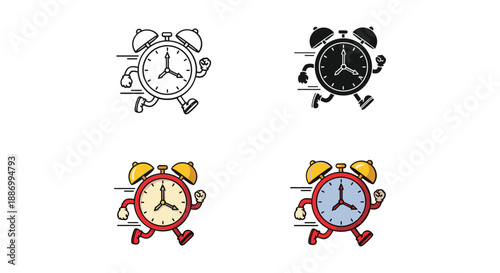Set of cartoon alarm clocks running with different colors