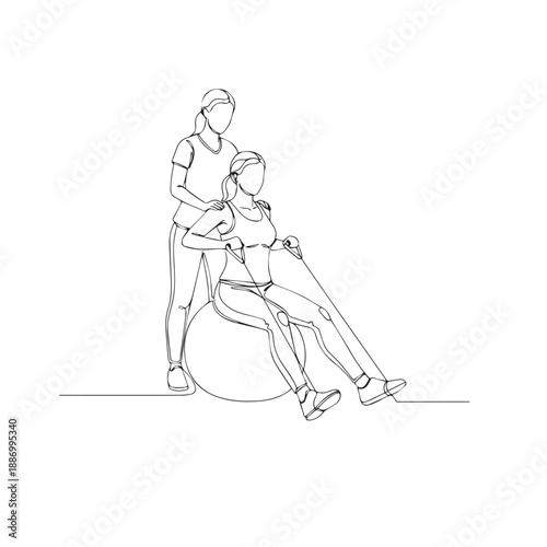 Continuous line drawing of physiotherapist assisting patient with resistance band exercises on gym ball. Vector illustration of physical therapy, rehabilitation, and medical recovery concept.
