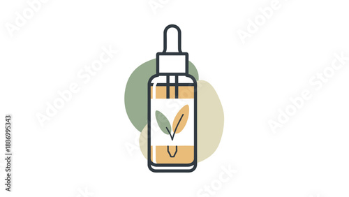 Natural oil dropper bottle with a leaf design on the label is illustrated in a clean vector style on a soft background for organic skincare.