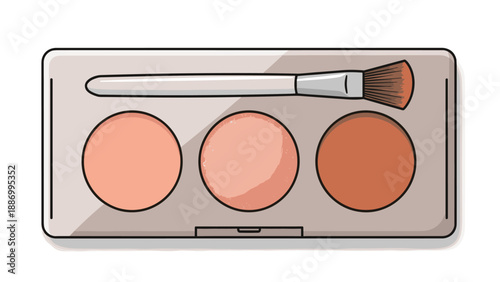 Rectangular makeup palette with three round pans of peach and brown tones and a brush is shown as a clean vector illustration for face makeup.