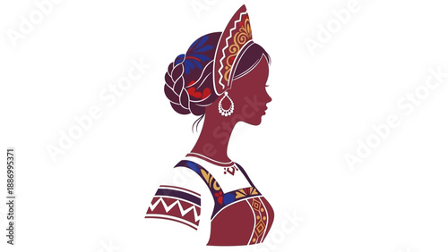 Stylized profile illustration of a woman wearing traditional folk attire with an ornate kokoshnik headpiece and patterned dress.