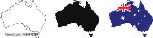 Australia map illustration set featuring outline, solid silhouette, and national flag design. Clean geographic representation highlighting the continent’s iconic shape and identity. Ideal 