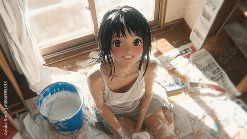 Young woman covered in paint smiles happily while cleaning up after an art project