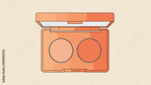 Open makeup compact with an orange casing and two round pans in peach and orange tones is shown as a clean 3d illustration for summer makeup.