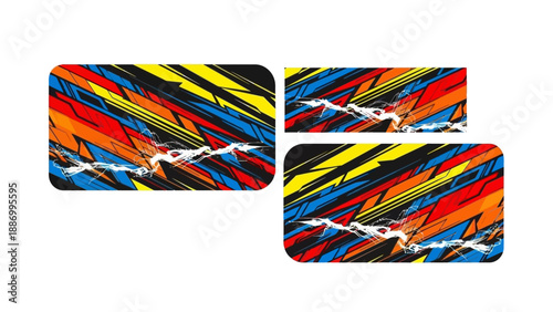 Vibrant abstract geometric racing stripe decals with dynamic colorful lines and a white lightning bolt design.