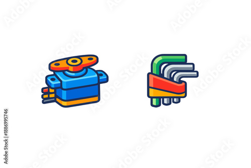 Detailed illustration of a servo motor and hex key set showing their shapes and colors in a simple layout suitable for educational purposes or technical documentation
