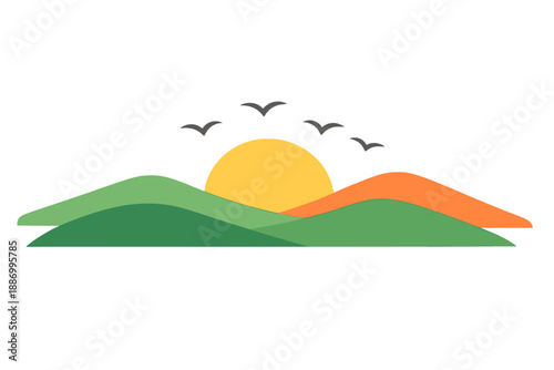 Sunrise over rolling hills with birds flying in the sky creates a landscape scene during early morning hours in a simple design