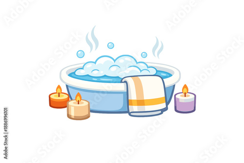 Relaxation space with a bath filled with bubbles, candles, and a towel placed nearby offering a simple way to unwind after a long day