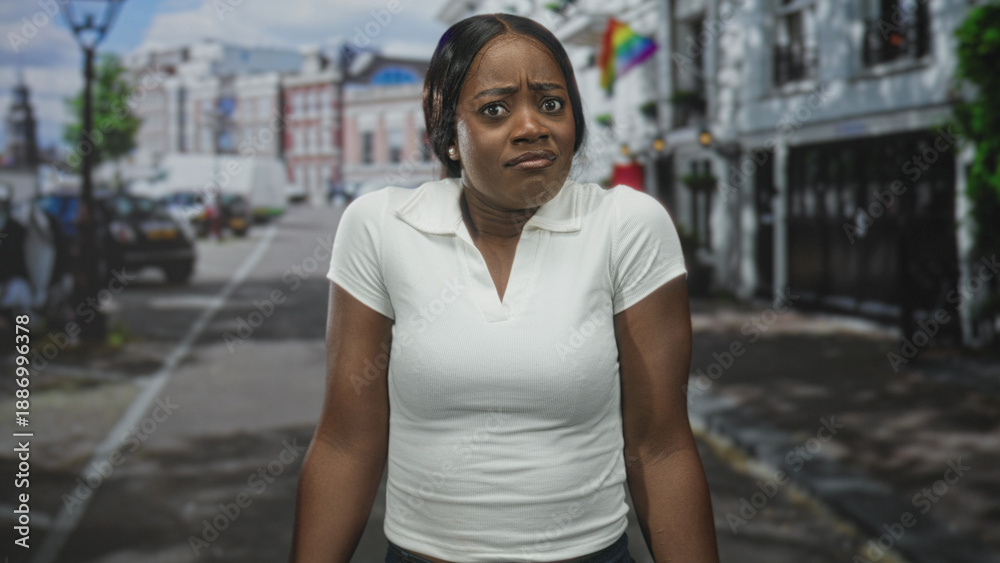 Fototapeta premium Woman in white polo shirt shrugs shoulders with puzzled grimace while standing on an urban street near parked cars and a rainbow flag; uncertainty.