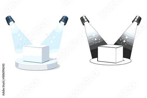 Light shines on a white cube placed on a round base with two spotlights highlighting it from different angles during a presentation