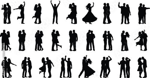 Black Romantic Couple Silhouettes Set Featuring Men and Women Hugging Dancing Kissing and Holding Hands for Love Wedding and Valentines Day Design Isolated on White