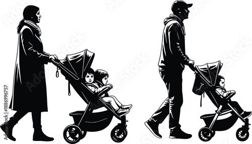 Parents pushing strollers silhouette set with mother with double pram and father with single baby carriage for family lifestyle vector