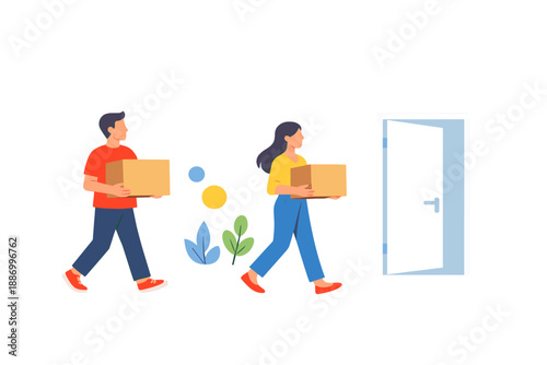 Two people carry boxes towards an open door in an indoor setting during a moving day activity
