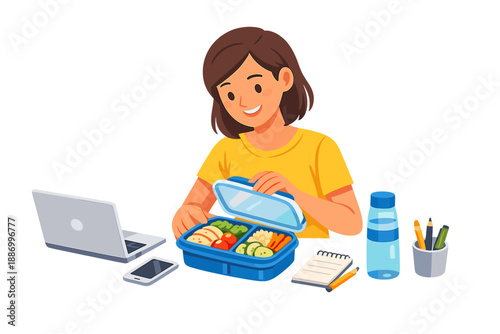 Person enjoys a lunch break while looking at a laptop and opening a lunch box with food in a simple indoor setting