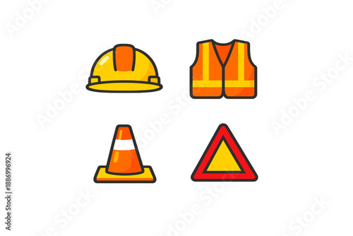 Safety gear for construction work includes hard hat, safety vest, traffic cone, and warning sign