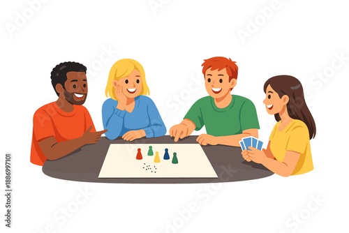 Group of friends playing board games and enjoying each other's company around a table with game pieces and cards during a casual gathering