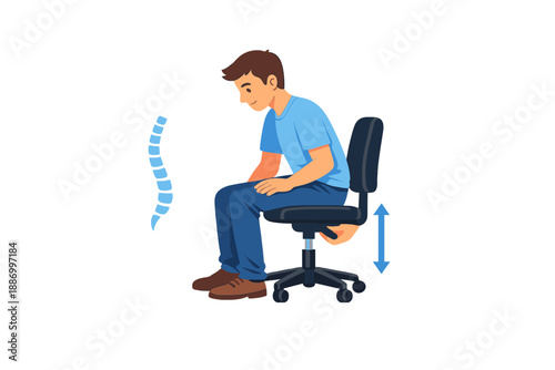 Man adjusts height of office chair while sitting in a workspace during daytime