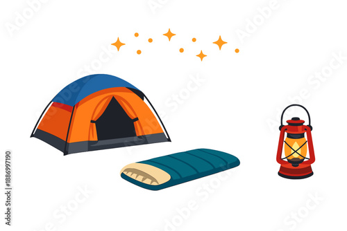 Outdoor camping setup with a tent, sleeping bag, and lantern under stars at night