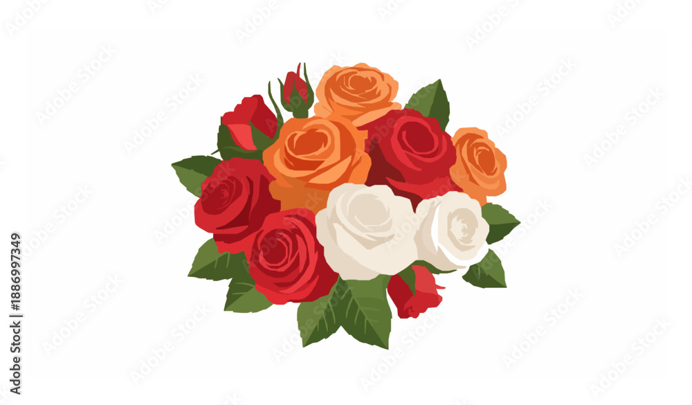 Fototapeta premium Red Orange and White Rose Bouquet Vector Illustration Isolated on White