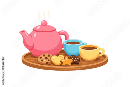 Tea and cookies are served on a wooden tray with two cups and a pink teapot sitting on a table during afternoon gathering