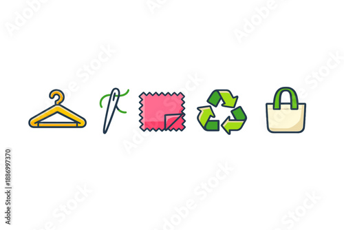 Different tools for sewing and recycling cloth in a simple design with icons showing a hanger, needle, fabric, recycling symbol, and bag