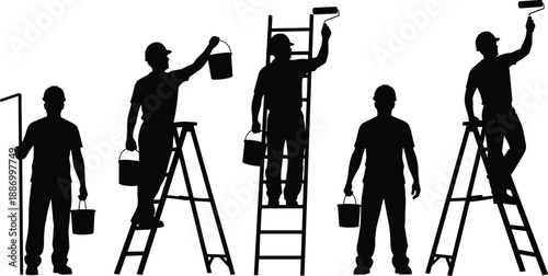 Professional house painter silhouette set with ladders paint rollers and buckets for home renovation and interior decorating service vector