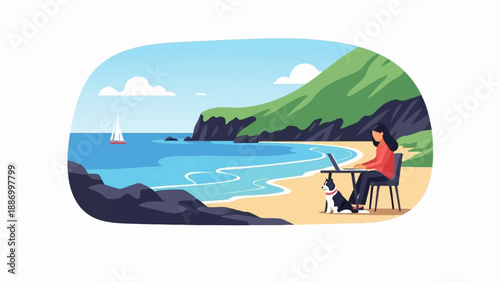 Woman working on laptop at beach with dog, sailboat in distance