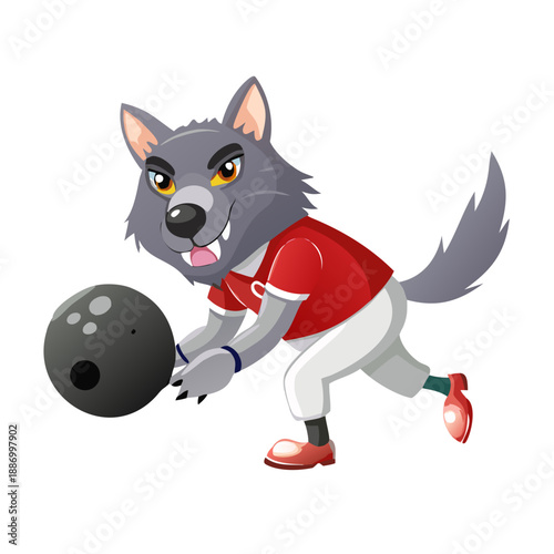 A cool grey wolf wearing a bowling shirt, sliding a heavy black bowling ball towards white pins.