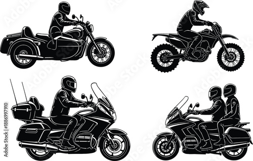 Motorcycle and rider silhouette set with sidecar dirt bike touring motorcycle and passenger for biker club and adventure travel vector
