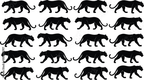 Seamless pattern of black panther silhouettes in walking pose, elegant wildlife animal design, repetitive vector art for decorative nature themes