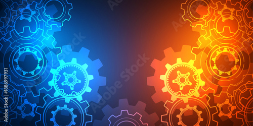 Neon gears. Technology background. Engineering industry. Vector illustration.