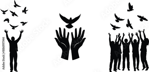 Black Silhouettes of People Releasing Birds and Flying Doves from Hands Representing Peace Freedom Hope Success Future Unity Spirituality and Independence on White Background
