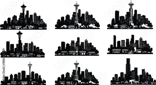 Seattle skyline vector illustration with Space Needle, city buildings, urban silhouettes, modern architecture, metropolitan horizon, black and white design