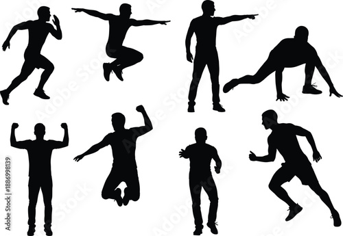Set of eight dynamic human silhouette poses showing running, jumping, pointing, crouching, and flexing actions for animation or fitness themes