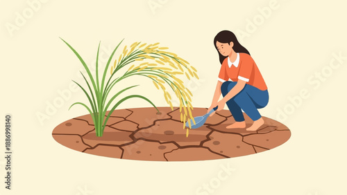 Woman tending to a drying rice plant in cracked earth