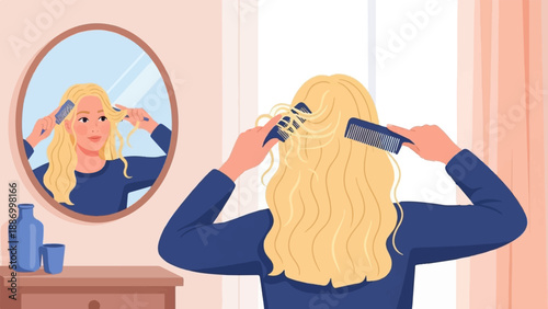 Woman styling her blonde hair with a comb in front of a mirror at home