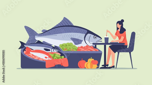 Woman eats at a table next to a seafood display with pumpkins
