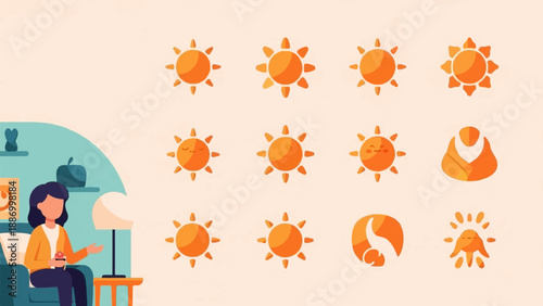 Woman enjoying sunshine indoors with various sun illustrations