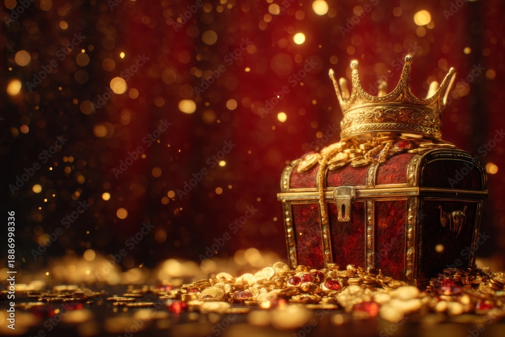 Obraz premium A majestic treasure chest overflowing with gold coins and jewels. A golden crown rests atop this stunning symbol of wealth and prosperity. Discover luxury and splendor. Generative AI