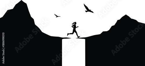Silhouette of a Brave Woman Runner Leaping Over a Mountain Gap Canyon at Sunrise Representing Courage Ambition Success Achievement and Overcoming Career Life Challenges
