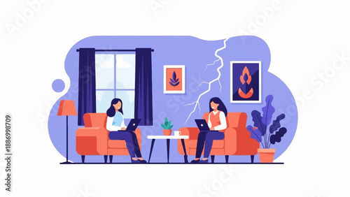 Two women working on laptops in a living room with cracked wall