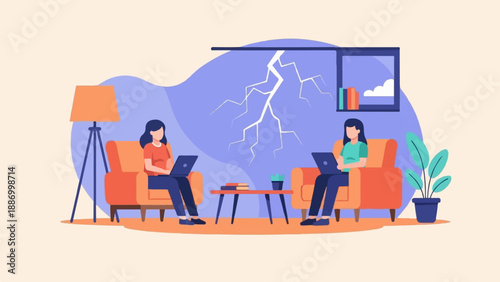Two women working on laptops in a living room with a lightning crack on the wall