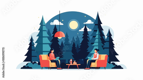 Two women relaxing on sofas in a forest at night, using laptops