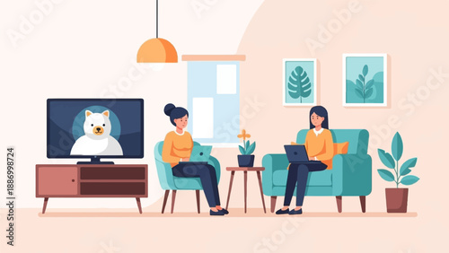 Two women working on laptops in a living room with a dog on television