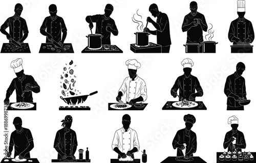 Silhouette chef cooking, kitchen preparation, professional cooking process, culinary art, restaurant chef, gourmet meal, food design, black white vector illustration